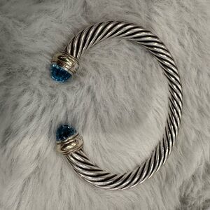 David Yurman Silver Cable Bracelet with Blue Topaz and 14K Gold 7mm medium
